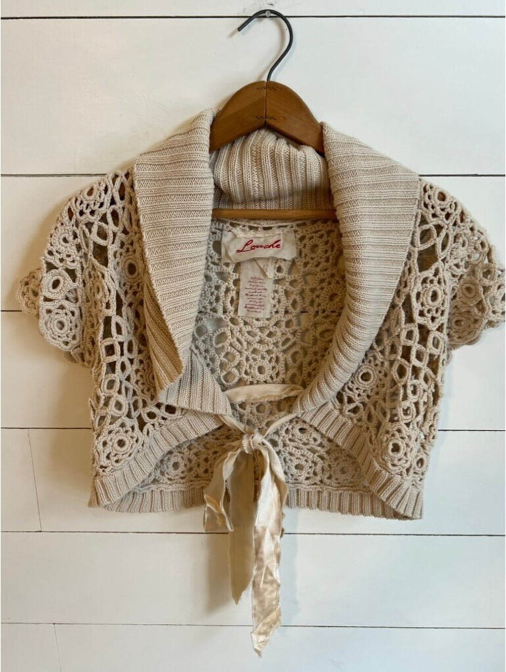 Louche Crochet Shrug Top with Silk Tie Women's Size L Boho Coquette Cottage